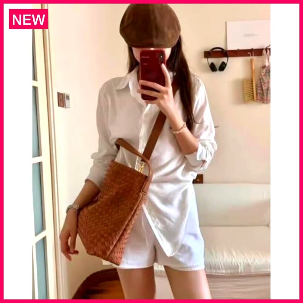 Braided Leather Tote Bag with Woven Suede Details, Shoulder Bag - Picture 4 of 8